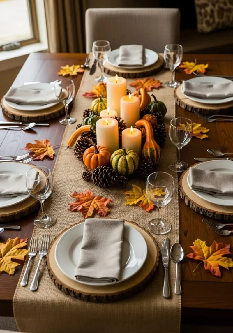 wood slice chargers topped with white ceramic pumpkins 1 wood slice chargers topped with white ceramic pumpkins 1