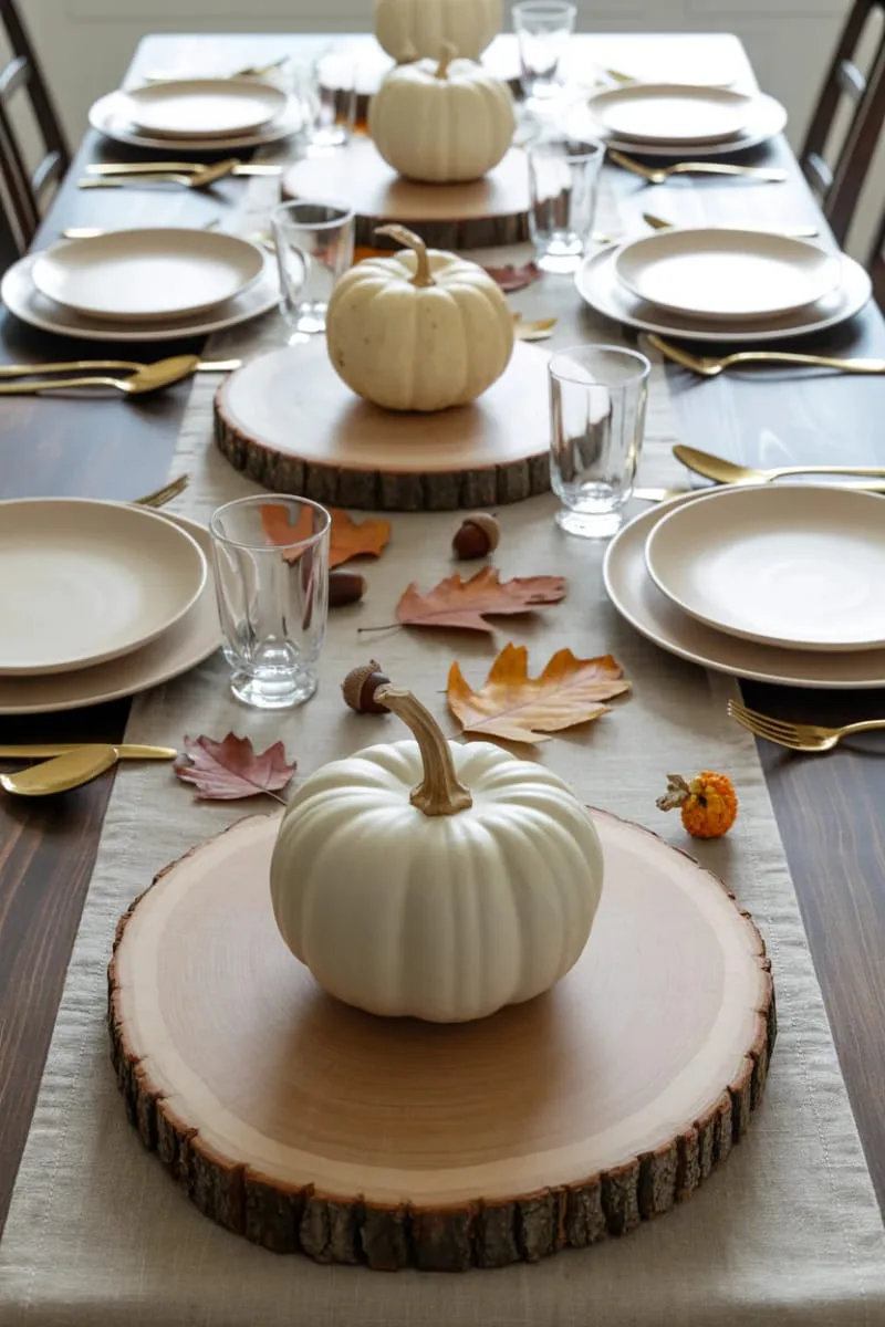 wood slice chargers topped with white ceramic pumpkins 1 wood slice chargers topped with white ceramic pumpkins 1