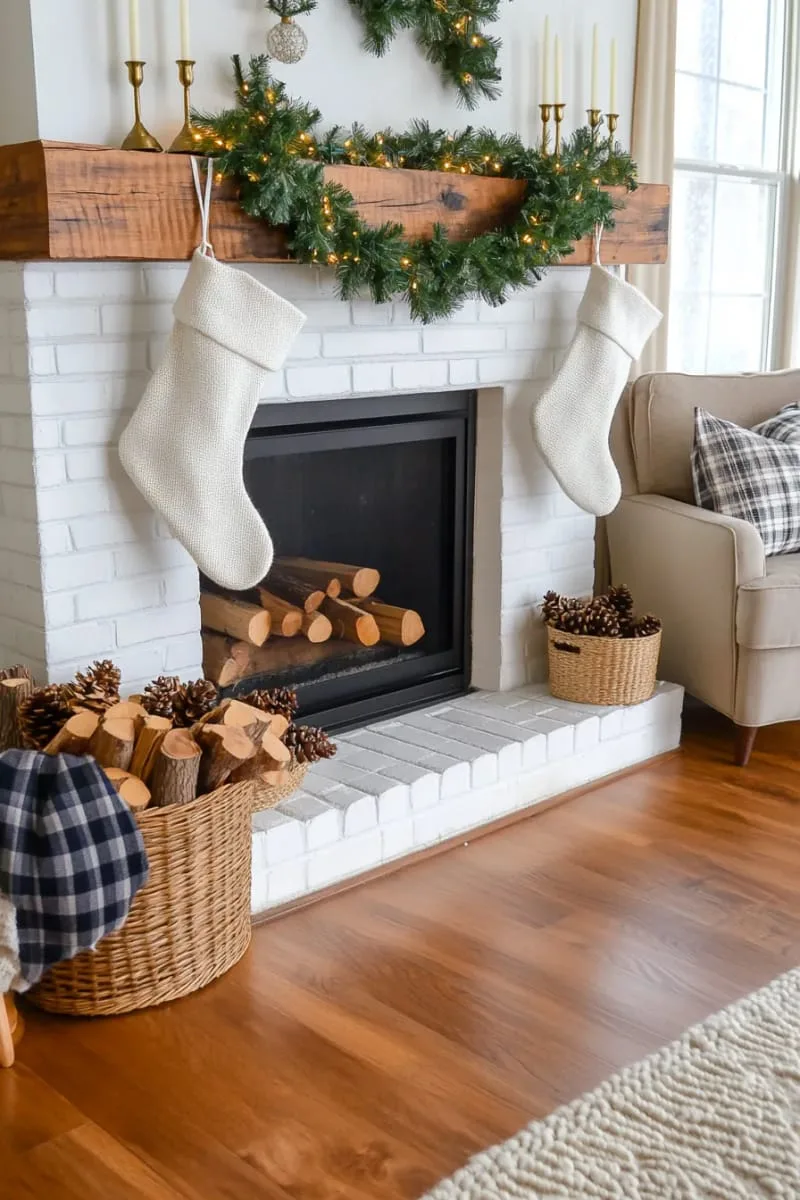 wooden bead garlands strung across a farmhouse fireplace 1