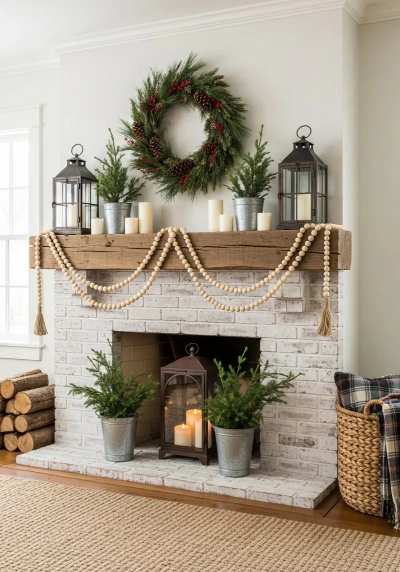wooden bead garlands strung across a farmhouse fireplace 1
