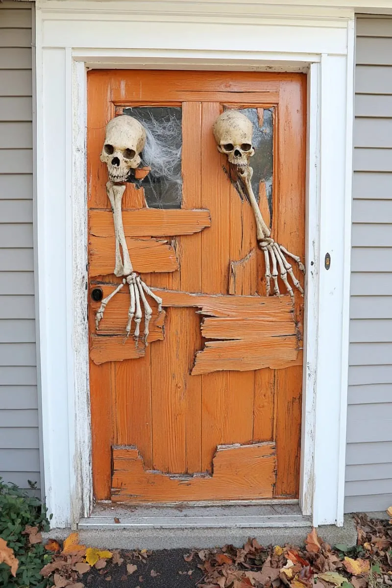21 Creative Halloween Door Decorations: Ideas for a Festive Welcome 23 wooden boards and skeleton arms breaking through for a zombie apocalypse vibe 1