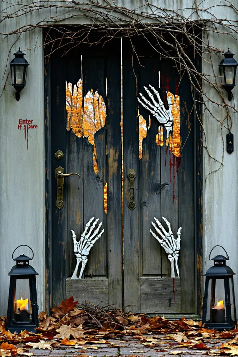 21 Creative Halloween Door Decorations: Ideas for a Festive Welcome 24 wooden boards and skeleton arms breaking through for a zombie apocalypse vibe 1