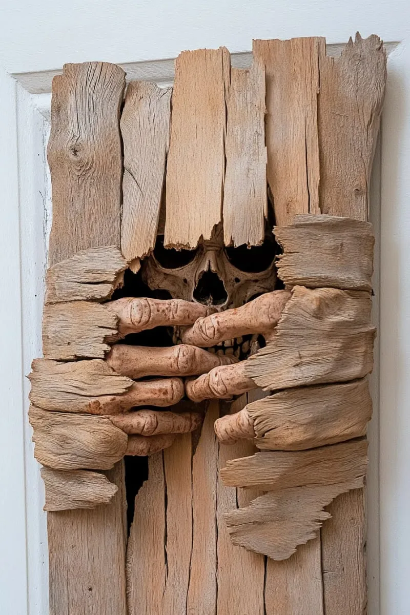 21 Creative Halloween Door Decorations: Ideas for a Festive Welcome 25 wooden boards and skeleton arms breaking through for a zombie apocalypse vibe 1