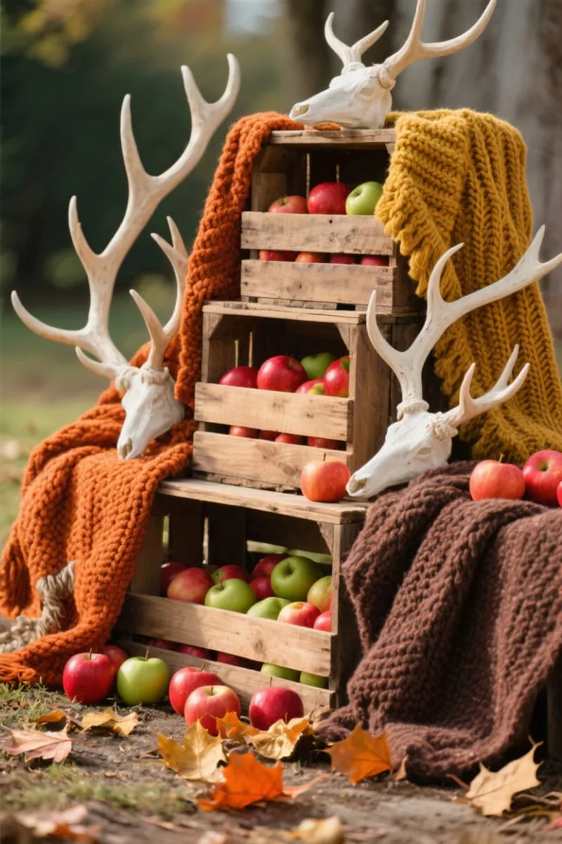 wooden crates stacked with apples, cozy throws, and antler decor 1