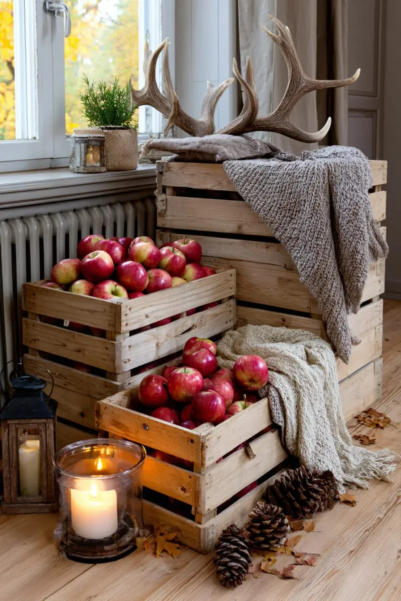 wooden crates stacked with apples, cozy throws, and antler decor 1