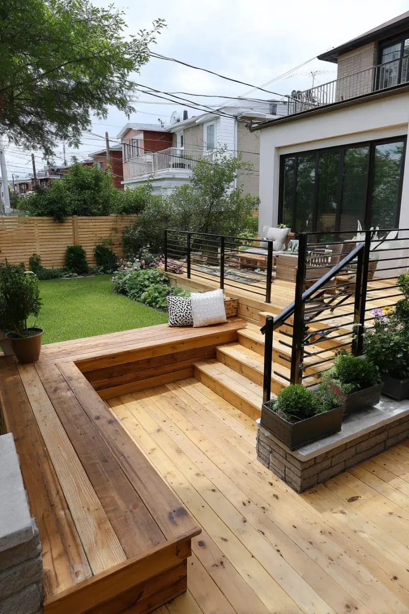 wooden deck terraces with modern railings and layered seating 1
