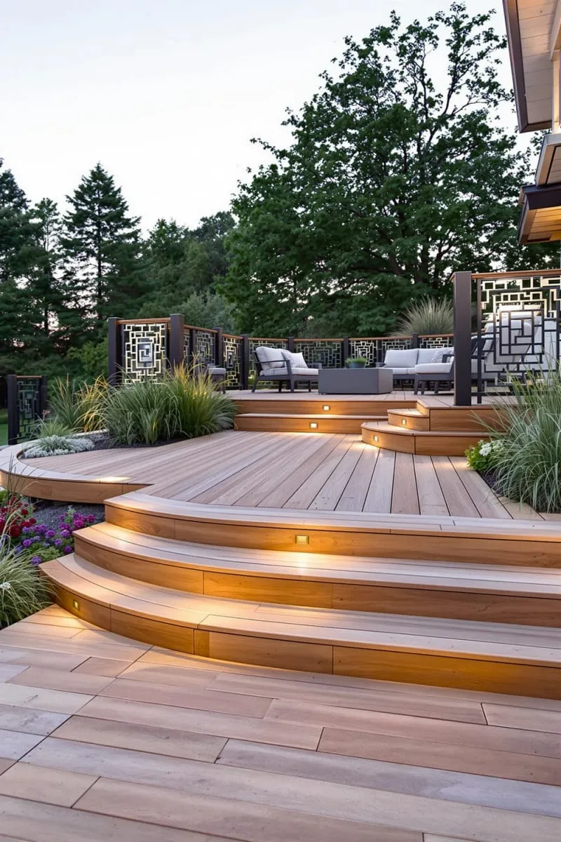 wooden deck terraces with modern railings and layered seating 1