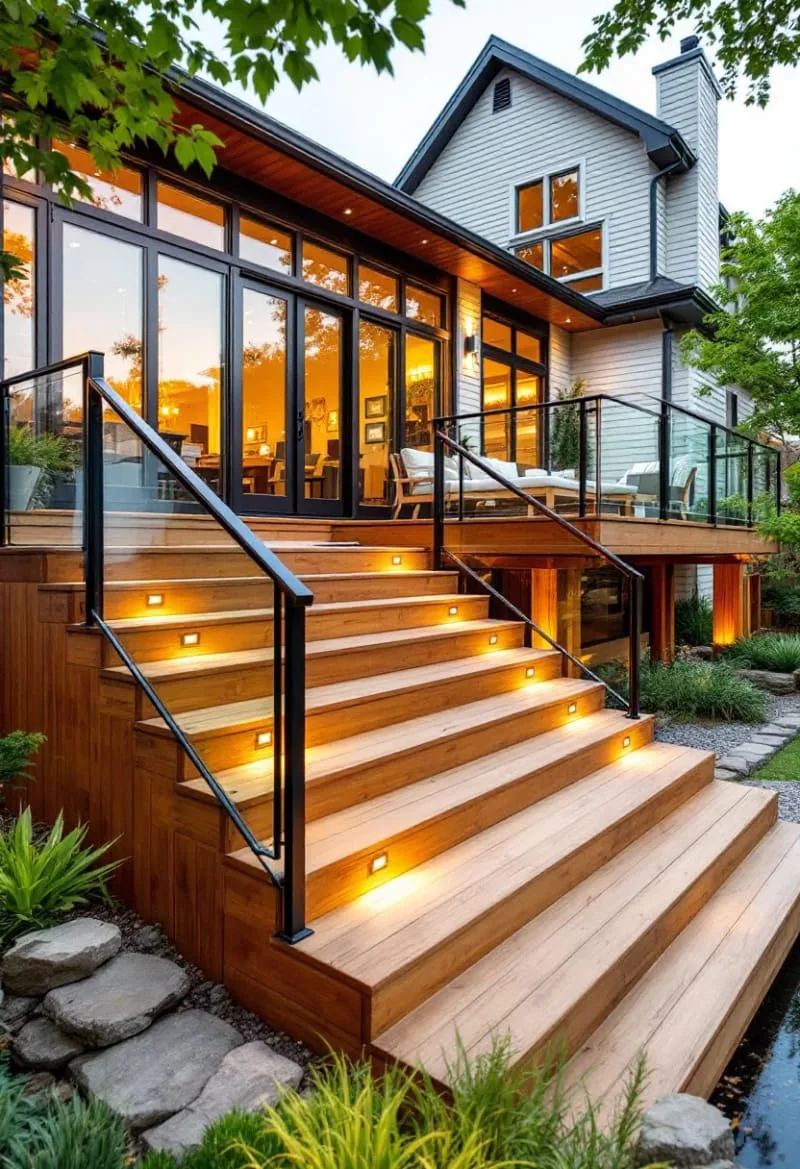 wooden deck terraces with modern railings and layered seating 1