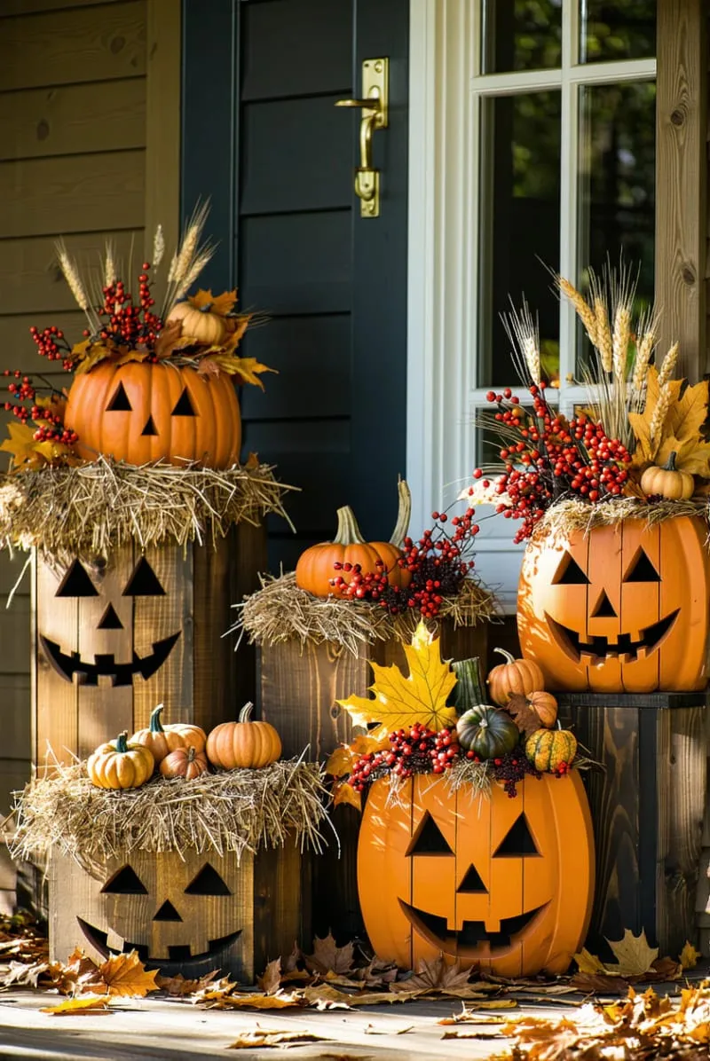 wooden jack-o-lantern planters with hay and autumn foliage 1