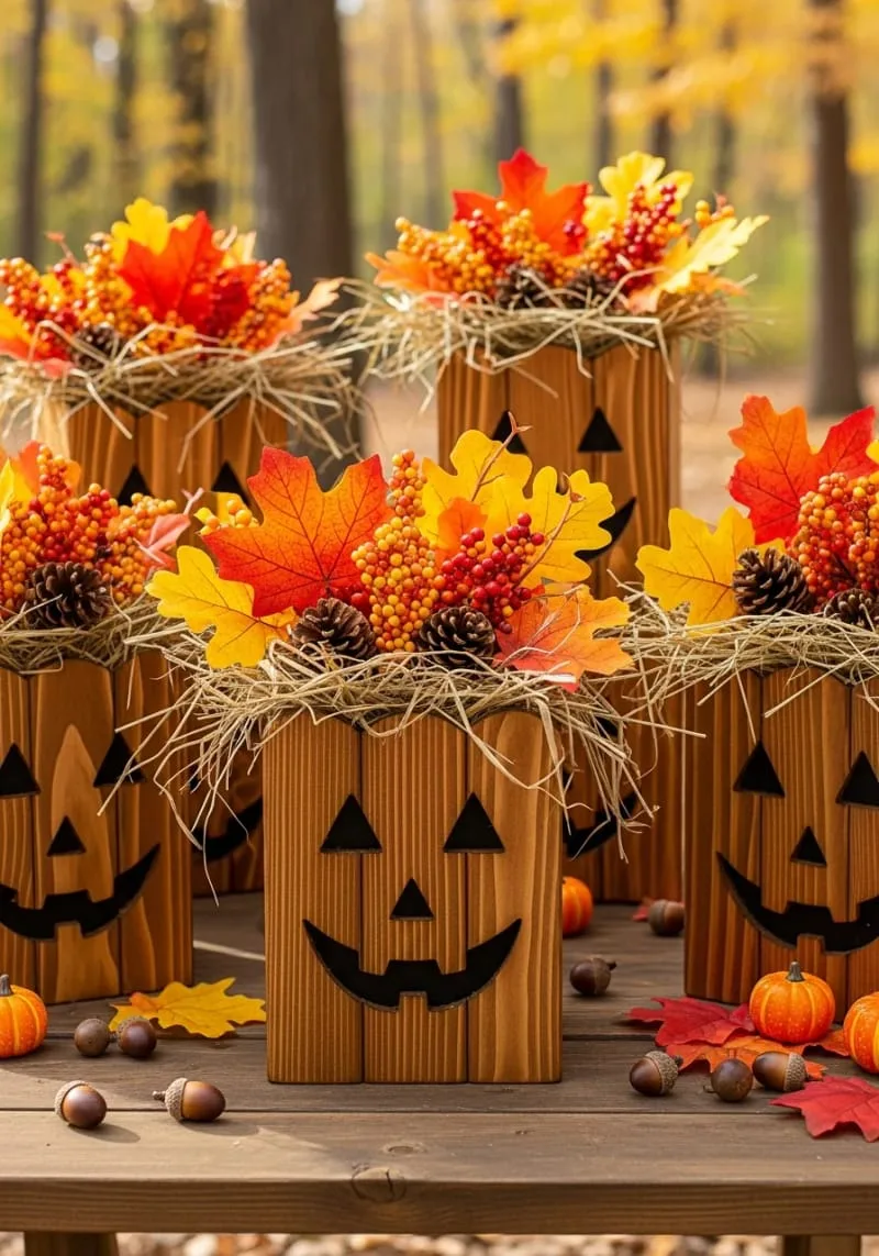 wooden jack-o-lantern planters with hay and autumn foliage 1