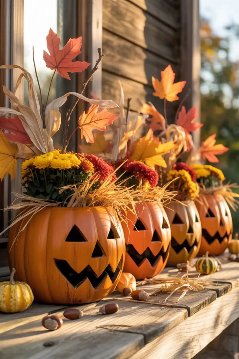wooden jack-o-lantern planters with hay and autumn foliage 1