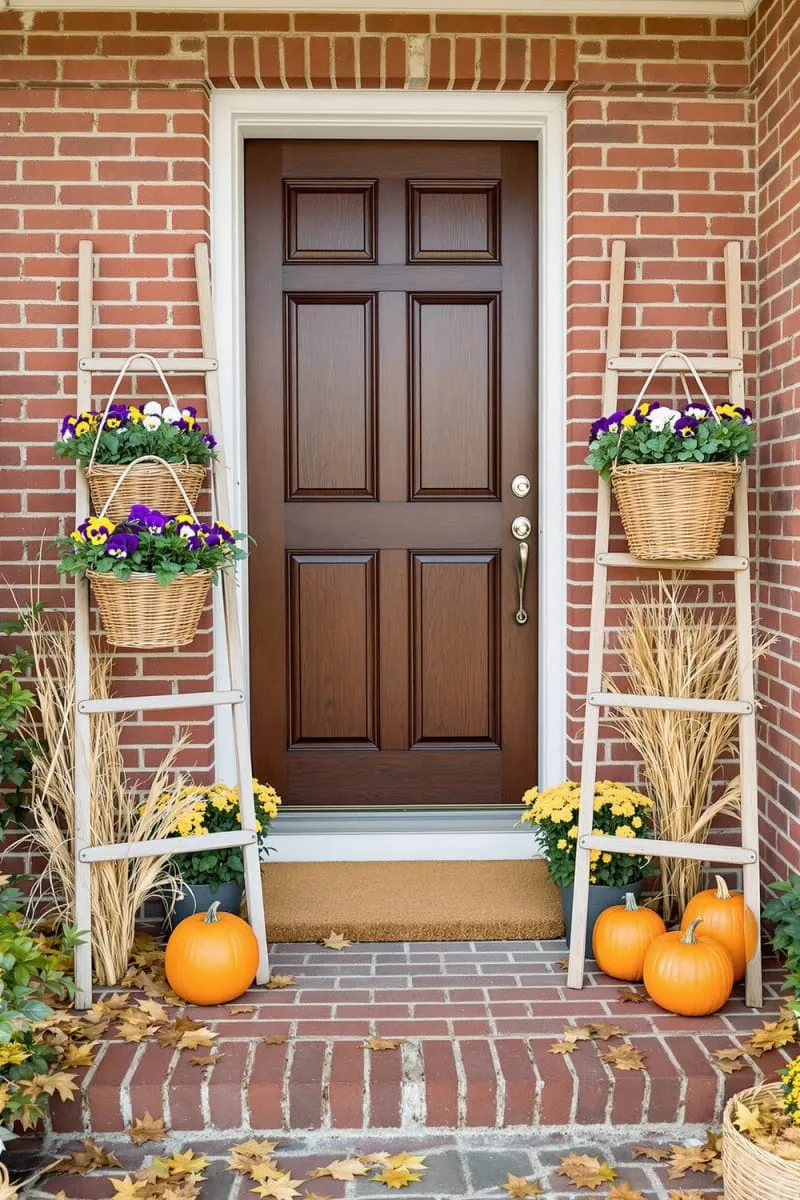 wooden ladders adorned with hanging baskets of kale and pansies 1 wooden ladders adorned with hanging baskets of kale and pansies 1