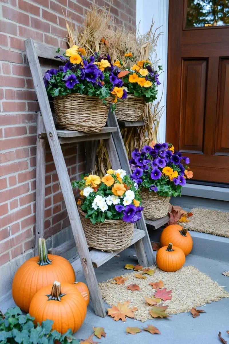 wooden ladders adorned with hanging baskets of kale and pansies 1 wooden ladders adorned with hanging baskets of kale and pansies 1