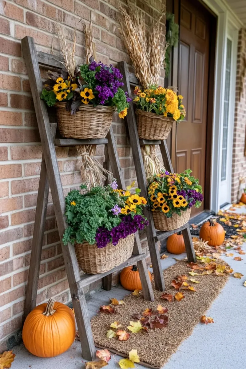 wooden ladders adorned with hanging baskets of kale and pansies 1 wooden ladders adorned with hanging baskets of kale and pansies 1