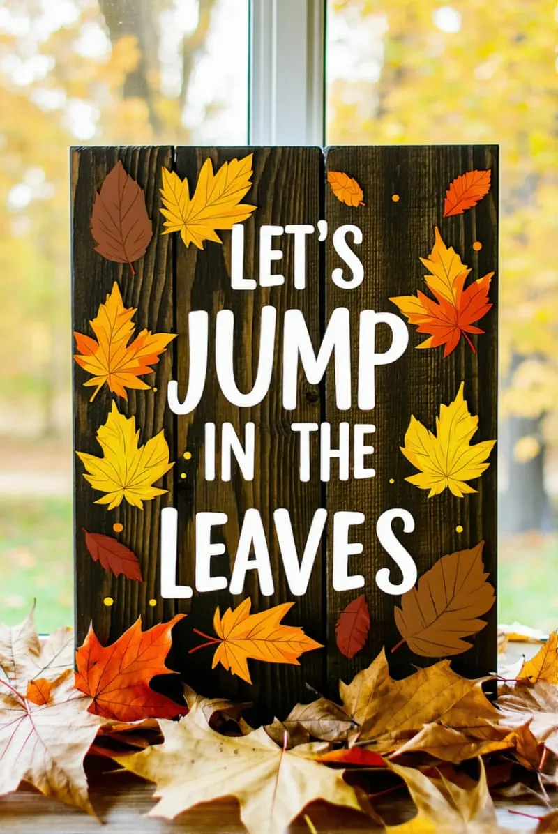 wooden signs painted with seasonal quotes and foliage 1