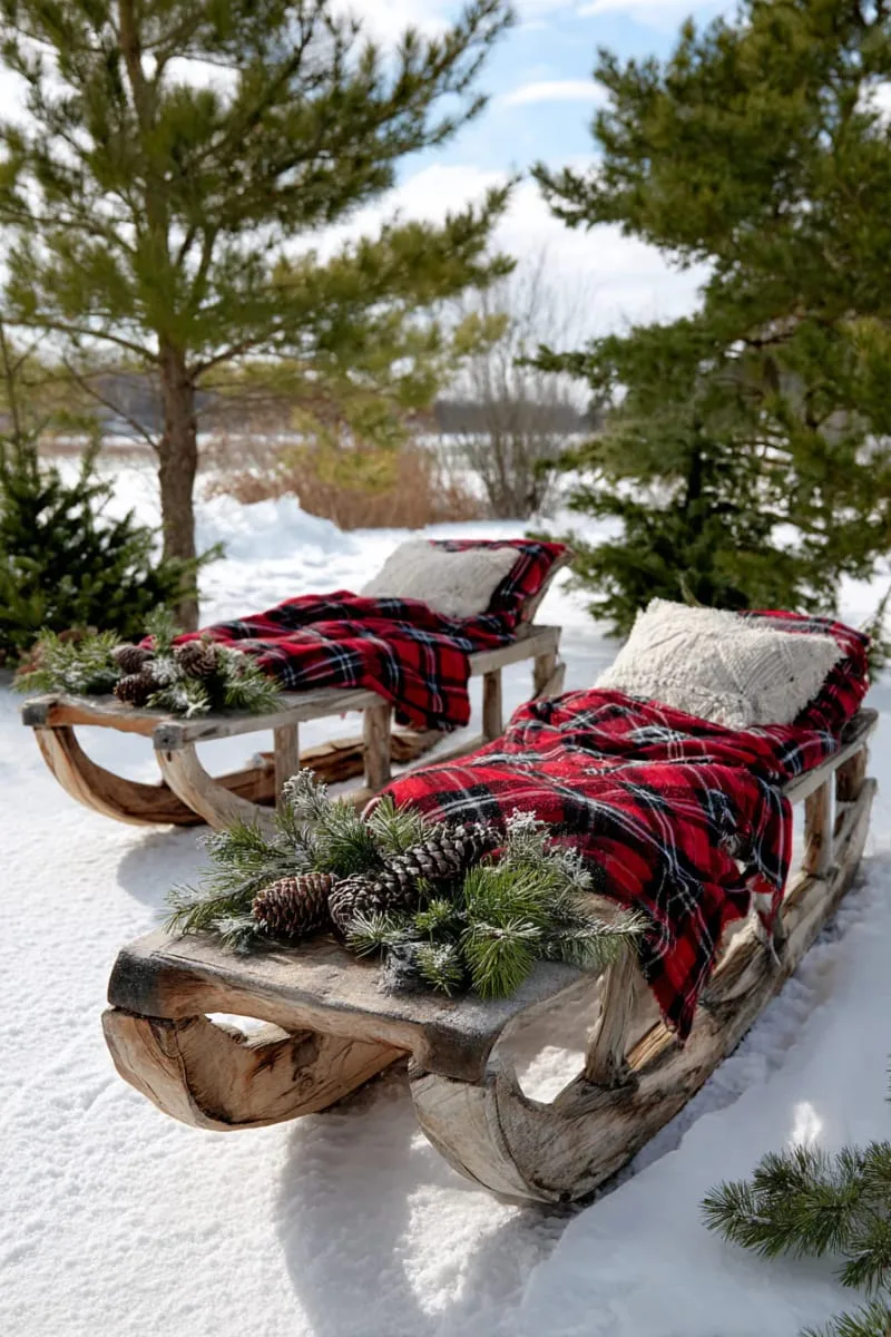 wooden sleds adorned with plaid blankets and pine branches 1