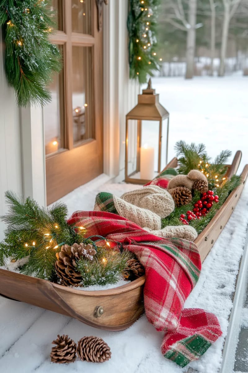 31 Outdoor Christmas Decorations: Ideas for a Magical Welcome 54 wooden sleds adorned with plaid blankets and pine branches 1