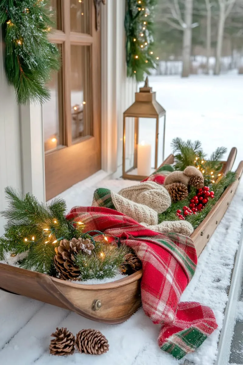 wooden sleds adorned with plaid blankets and pine branches 1