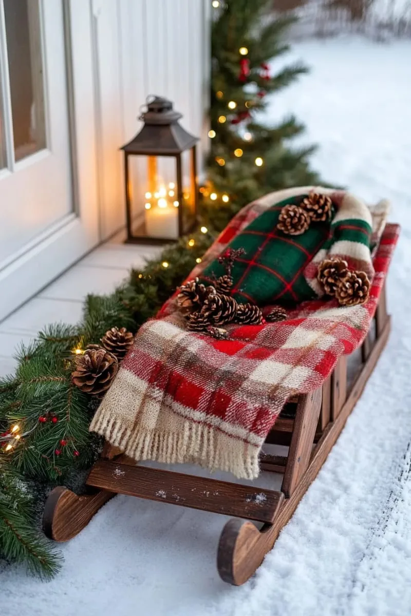 wooden sleds adorned with plaid blankets and pine branches 1