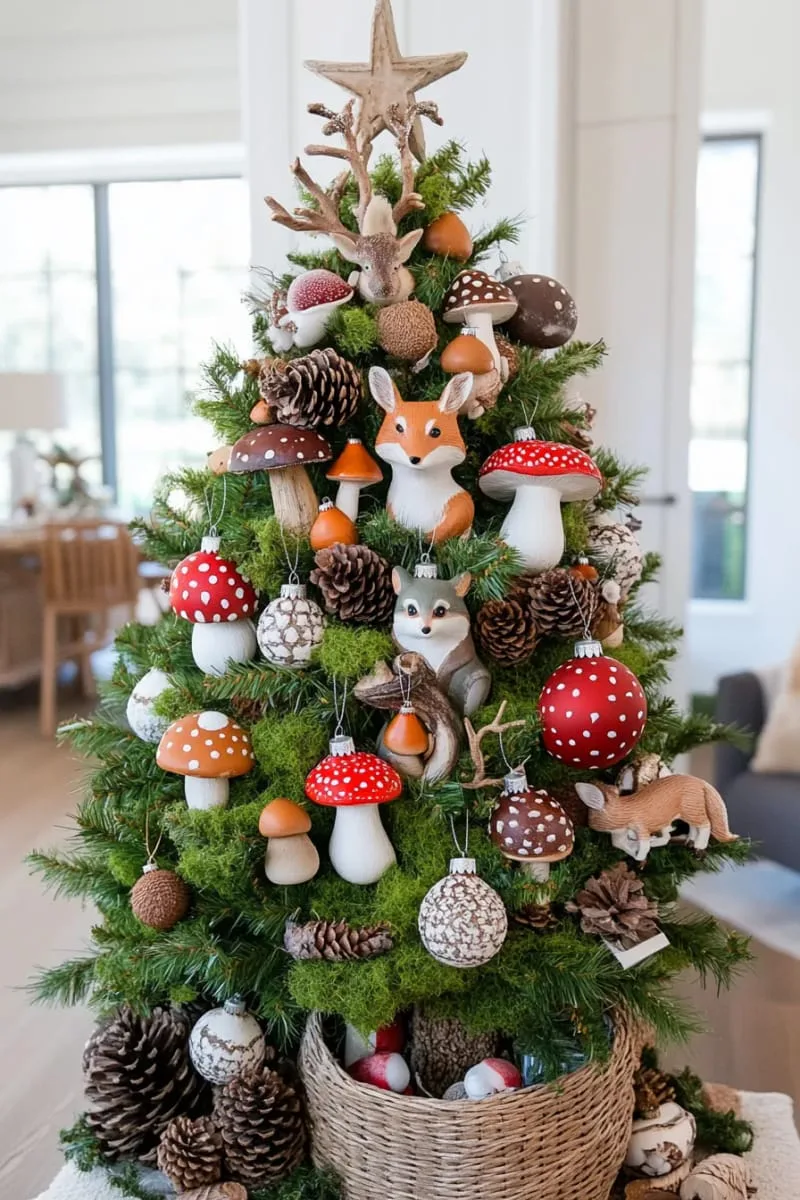 woodland-inspired tree with faux mushrooms, moss, and little woodland animals 1