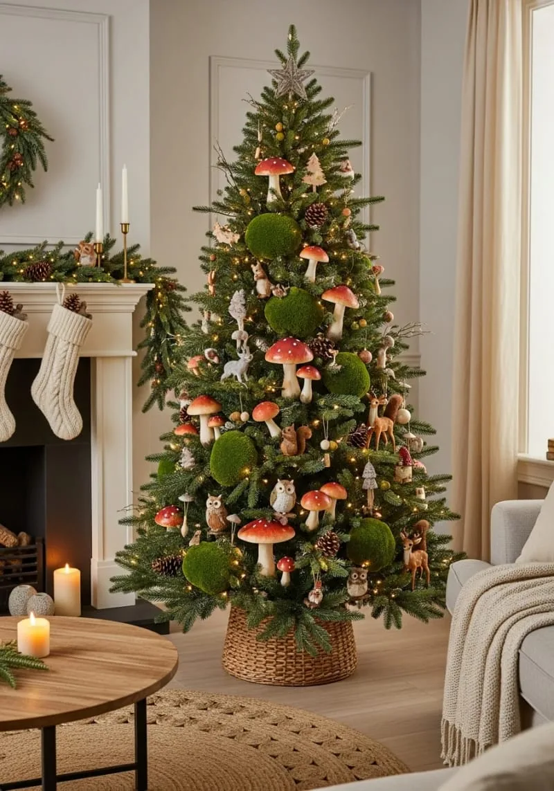 woodland-inspired tree with faux mushrooms, moss, and little woodland animals 1