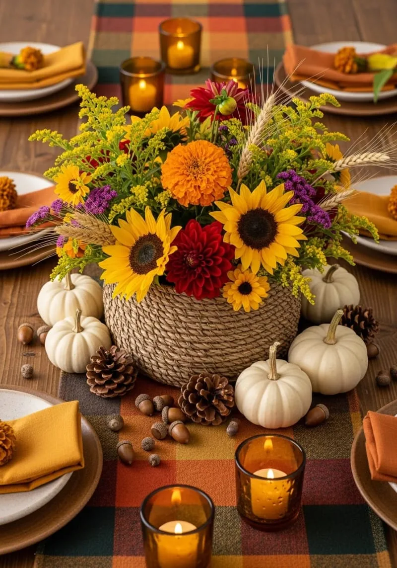 woven basket centerpiece overflowing with fall wildflowers 1 woven basket centerpiece overflowing with fall wildflowers 1