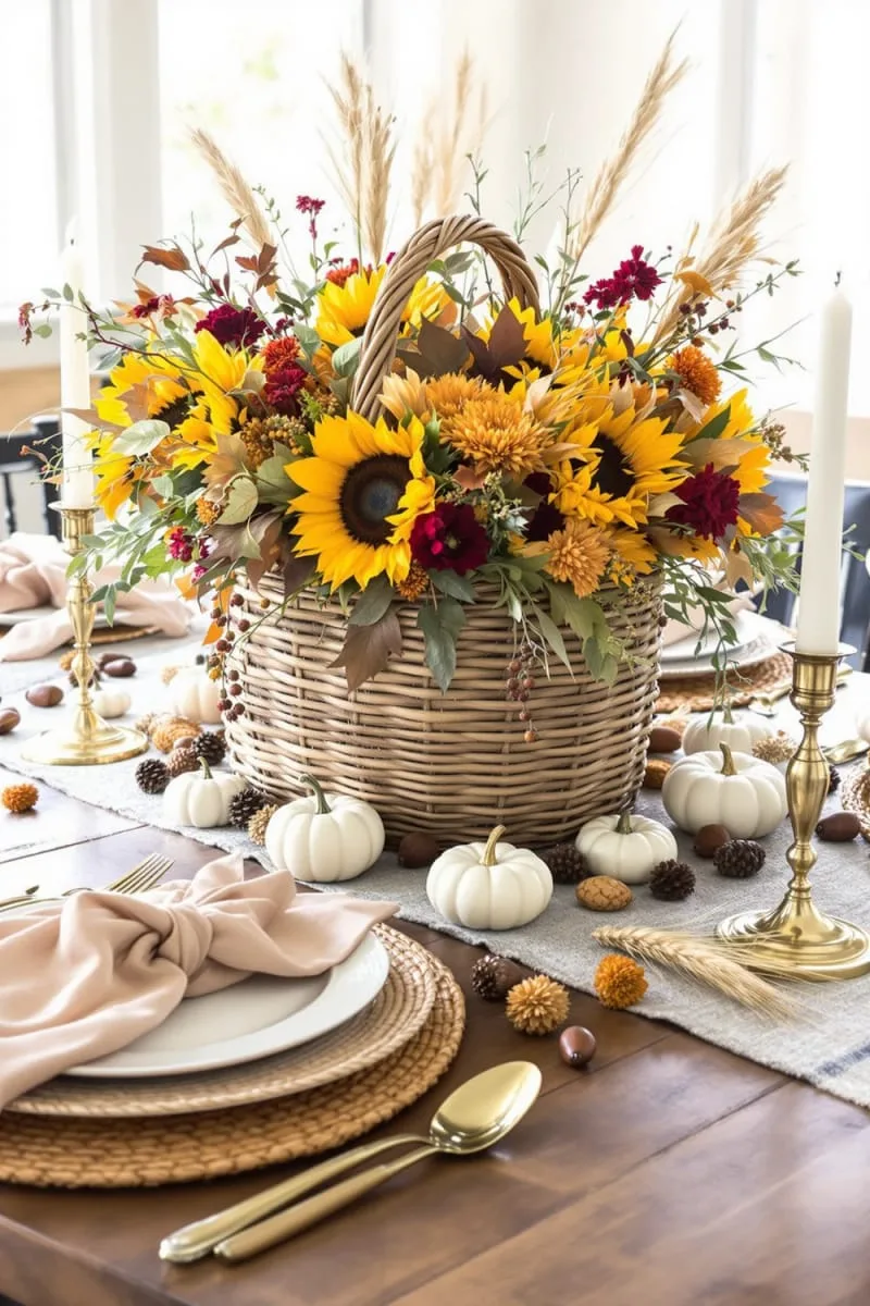 woven basket centerpiece overflowing with fall wildflowers 1 woven basket centerpiece overflowing with fall wildflowers 1