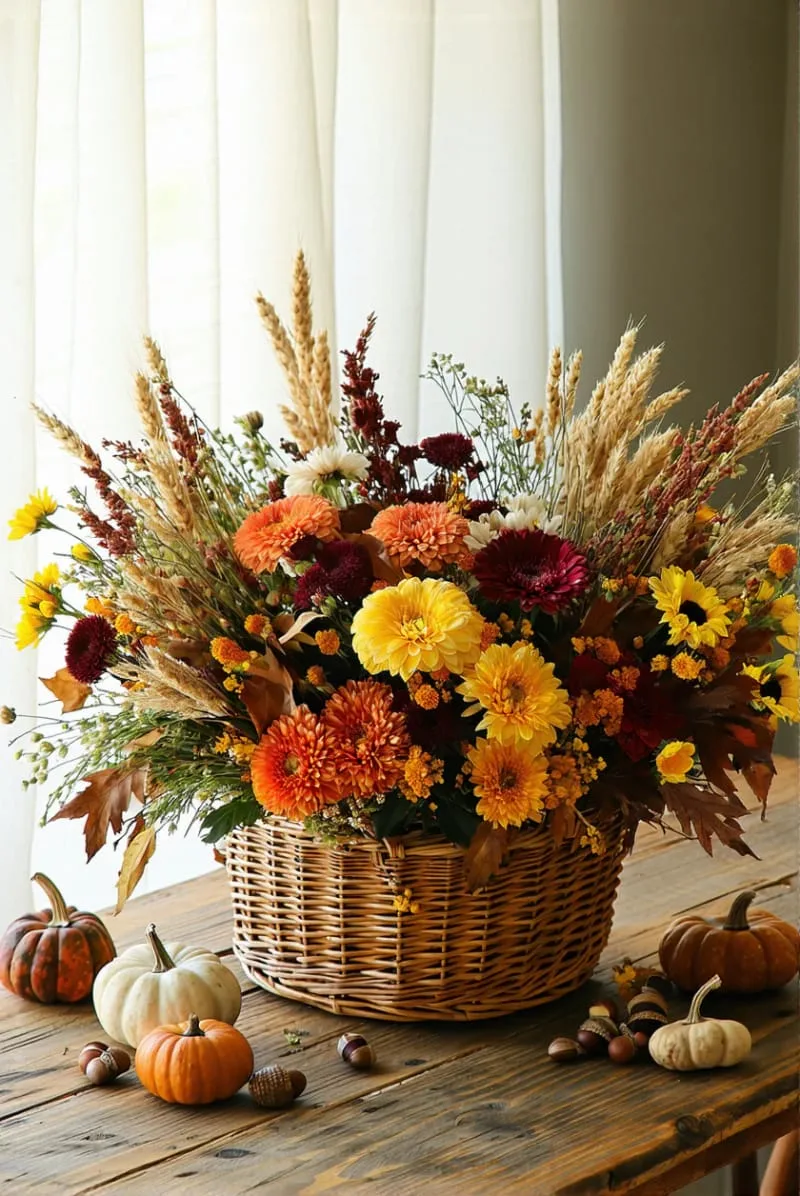 woven basket centerpiece overflowing with fall wildflowers 1 woven basket centerpiece overflowing with fall wildflowers 1