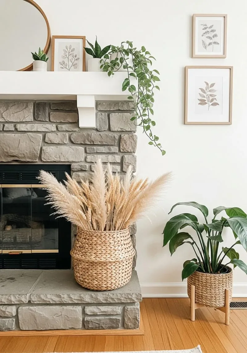 woven basket of pampas grass and golden wheat by the fireplace 1