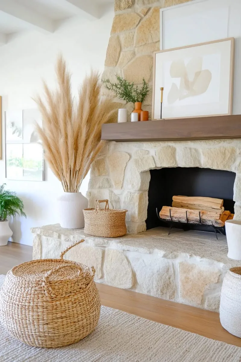 woven basket of pampas grass and golden wheat by the fireplace 1
