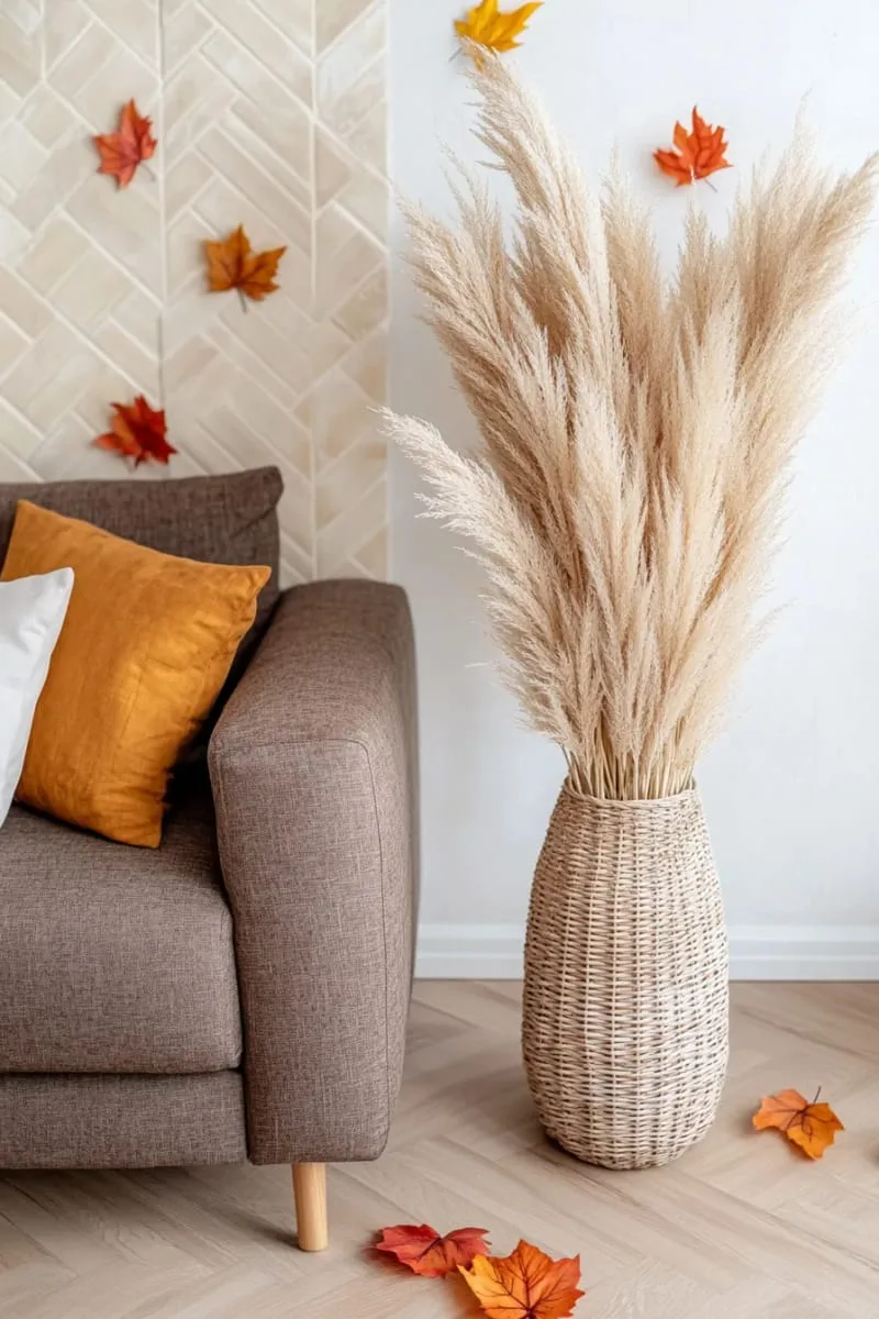 woven baskets overflowing with dried wheat and pampas grass 1