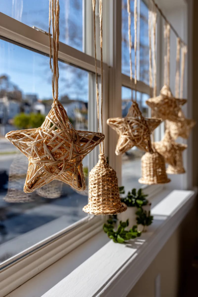 woven straw stars and bells hanging in the window 1