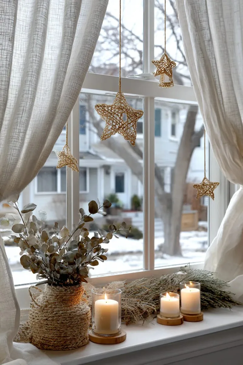 31 Trendy Christmas Decor Ideas for a Magical Home 64 woven straw stars and bells hanging in the window 1
