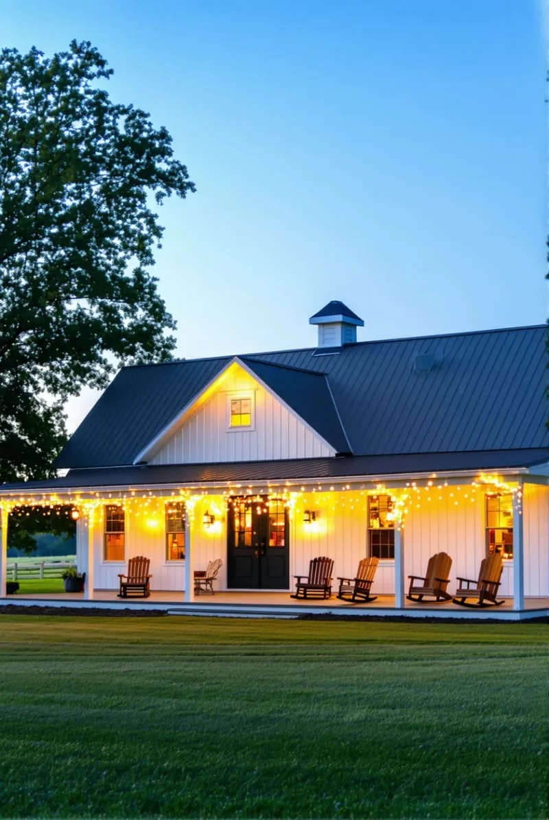 wraparound porch with string lights and simple rocking chairs 1