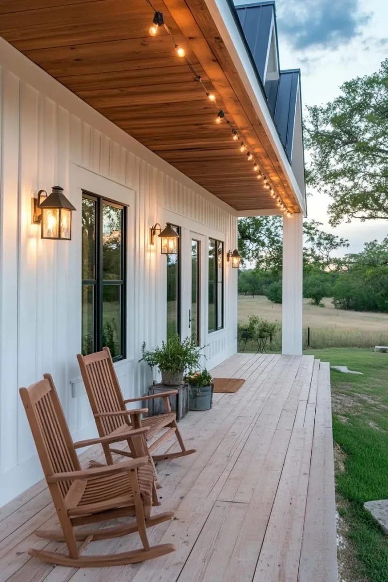 wraparound porch with string lights and simple rocking chairs 1