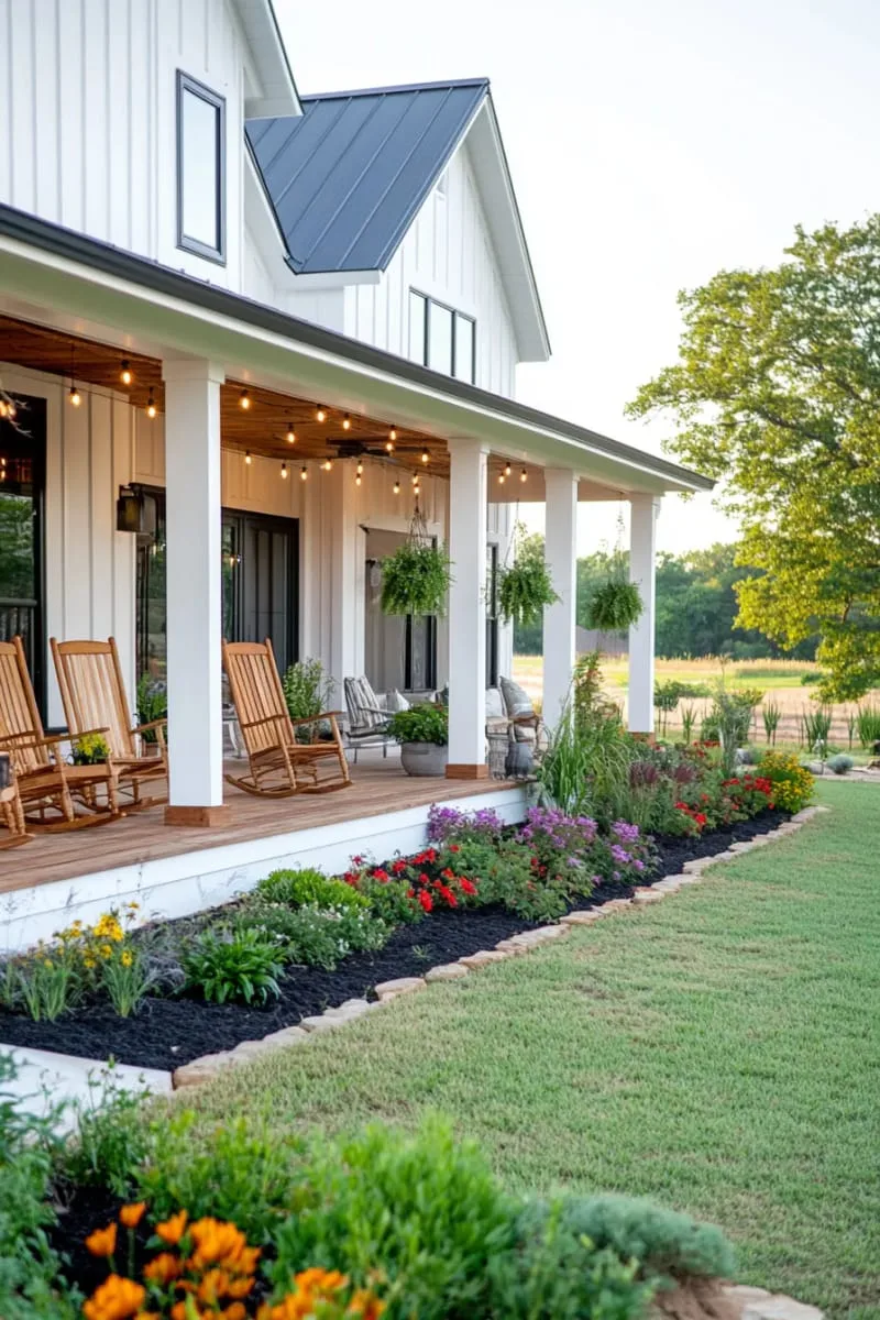 wraparound porch with string lights and simple rocking chairs 1