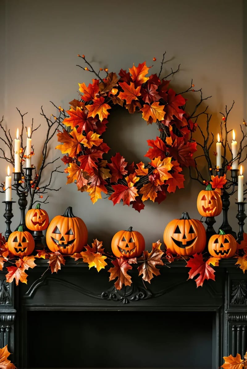 wreath of autumn leaves and black branches, flanked by painted jack-o’-lanterns 1