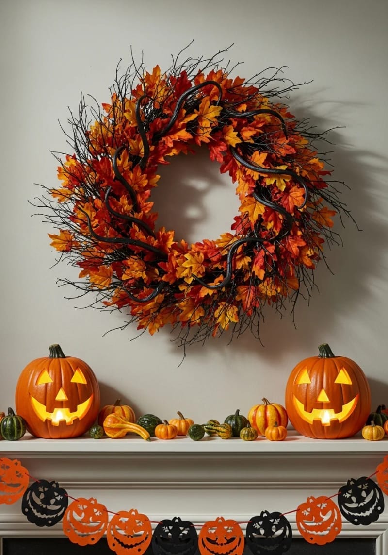 wreath of autumn leaves and black branches, flanked by painted jack-o’-lanterns 1