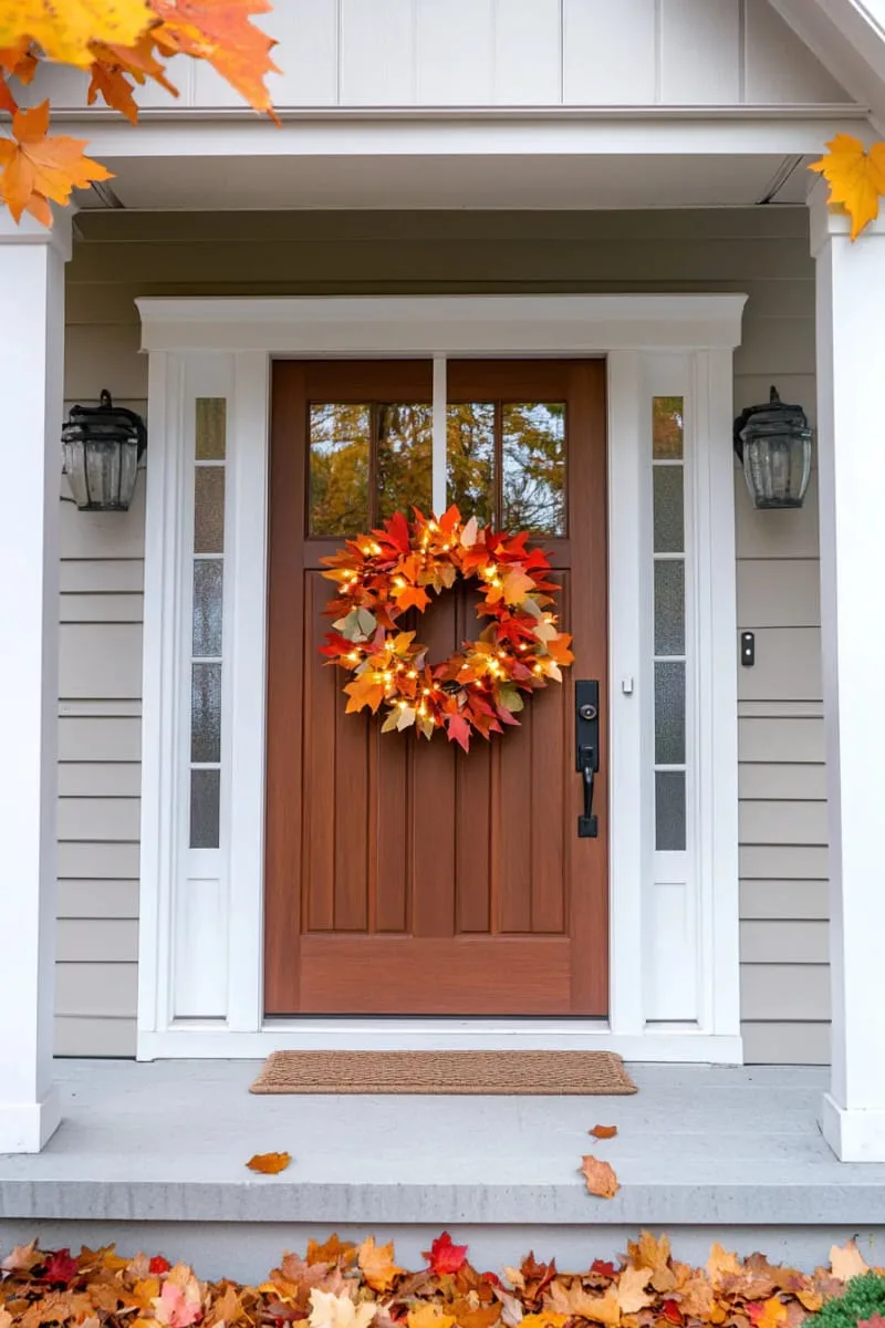wreath of maple leaves, eucalyptus, and twinkle fairy lights on front door 1