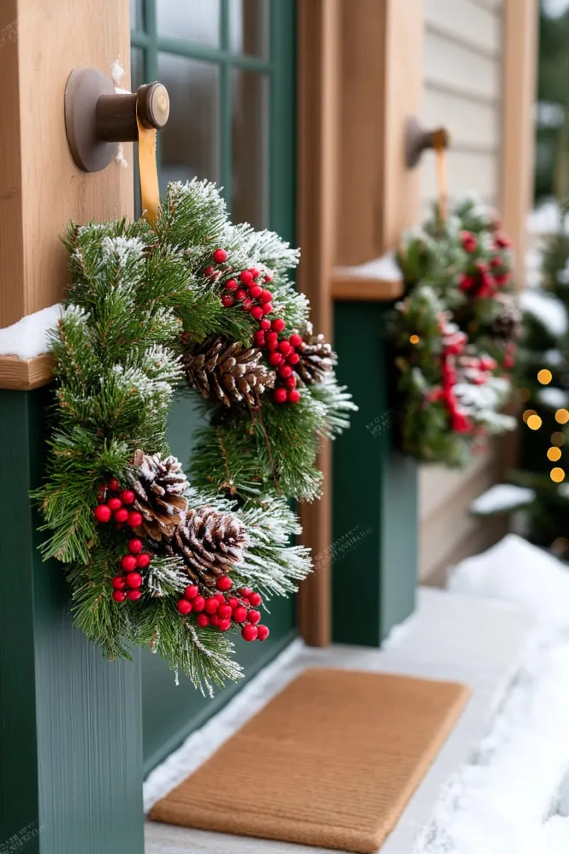 wreaths made of mixed greenery, red berries, and snowy pinecones 1