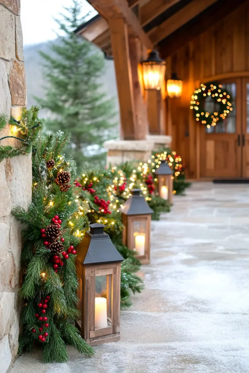 wreaths made of mixed greenery, red berries, and snowy pinecones 1