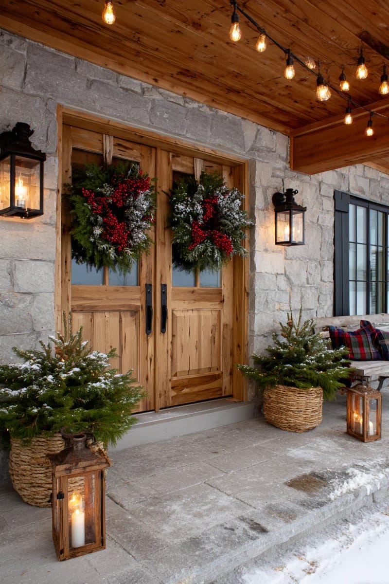 31 Outdoor Christmas Decorations: Ideas for a Magical Welcome 27 wreaths made of mixed greenery, red berries, and snowy pinecones 1