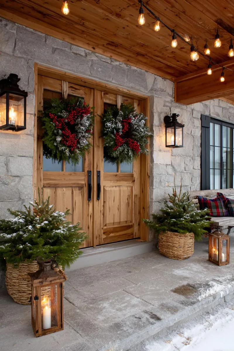 wreaths made of mixed greenery, red berries, and snowy pinecones 1