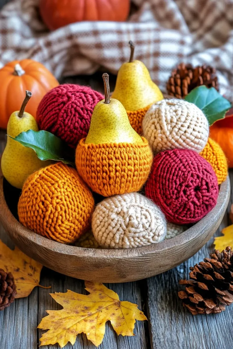 yarn-wrapped apples and pears for a cozy farmhouse feel 1