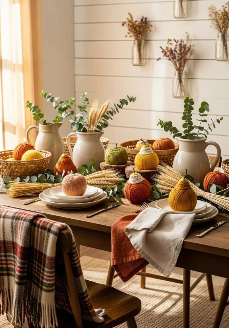 yarn-wrapped apples and pears for a cozy farmhouse feel 1