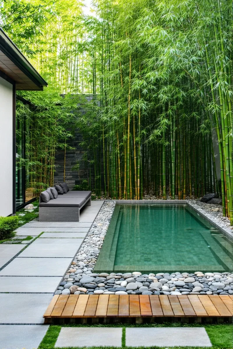 zen-inspired plunge pool surrounded by bamboo and smooth stones 1