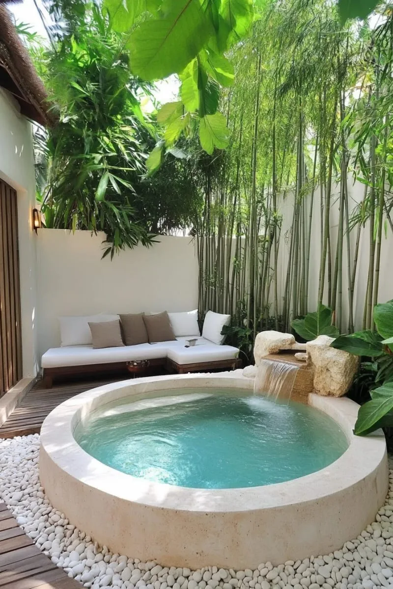 zen-inspired plunge pool surrounded by bamboo and smooth stones 1