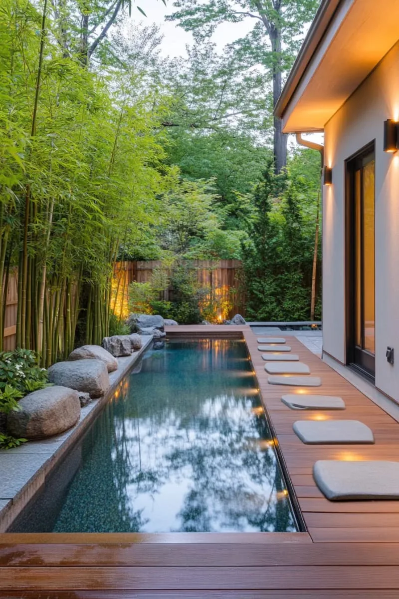 zen-inspired plunge pool surrounded by bamboo and smooth stones 1