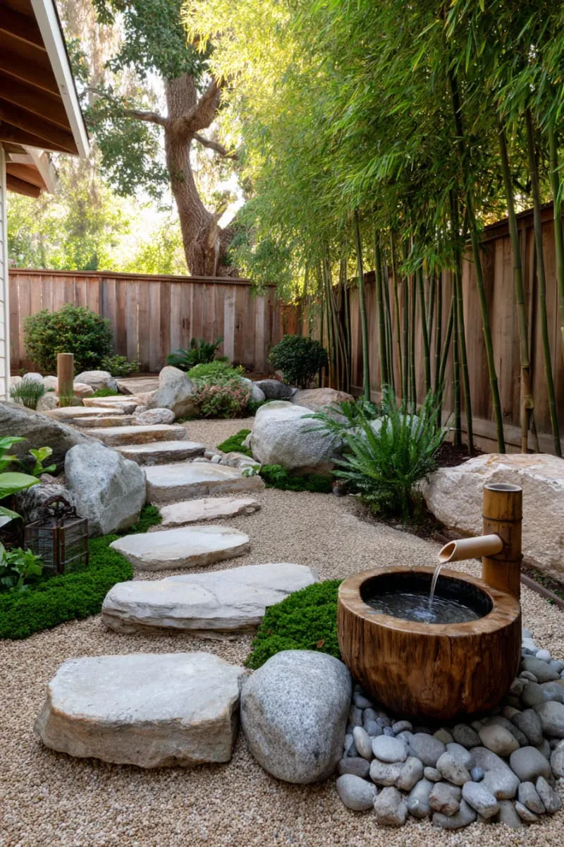 zen-inspired rock garden with bamboo water feature on the incline 1