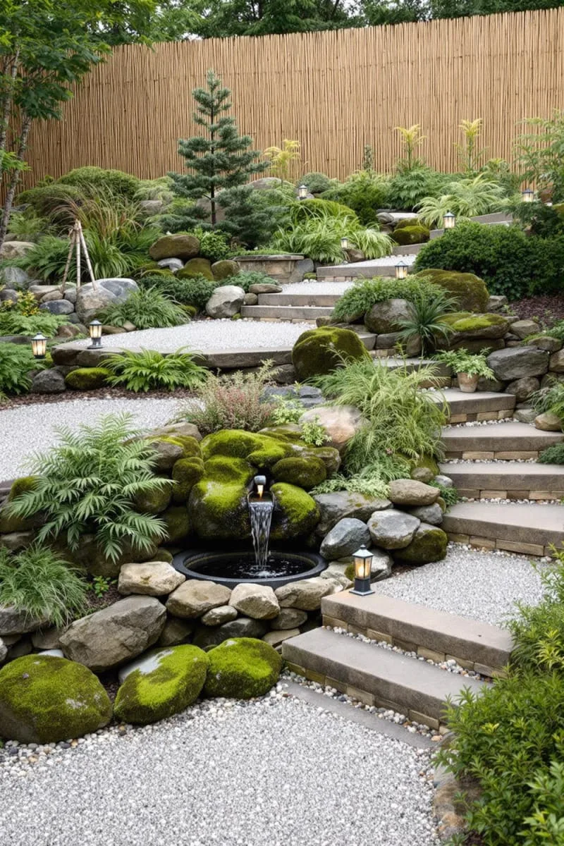 zen-inspired rock garden with bamboo water feature on the incline 1